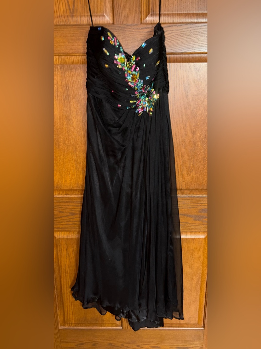 Strapless Black Evening Gown with Multicolor Beaded Accents
